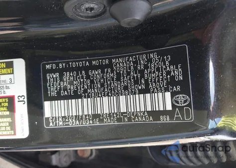 2013 Toyota Corolla Le z USA, uszkodzony, nr VIN 2T1BU4EE4DC098079